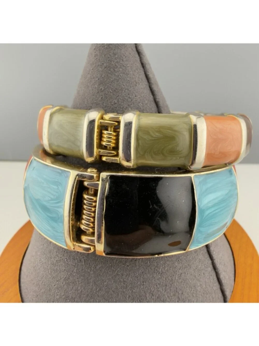 Vintage Enameled Hinged Clamper Bangle Bracelet Set Of 2 Colorful